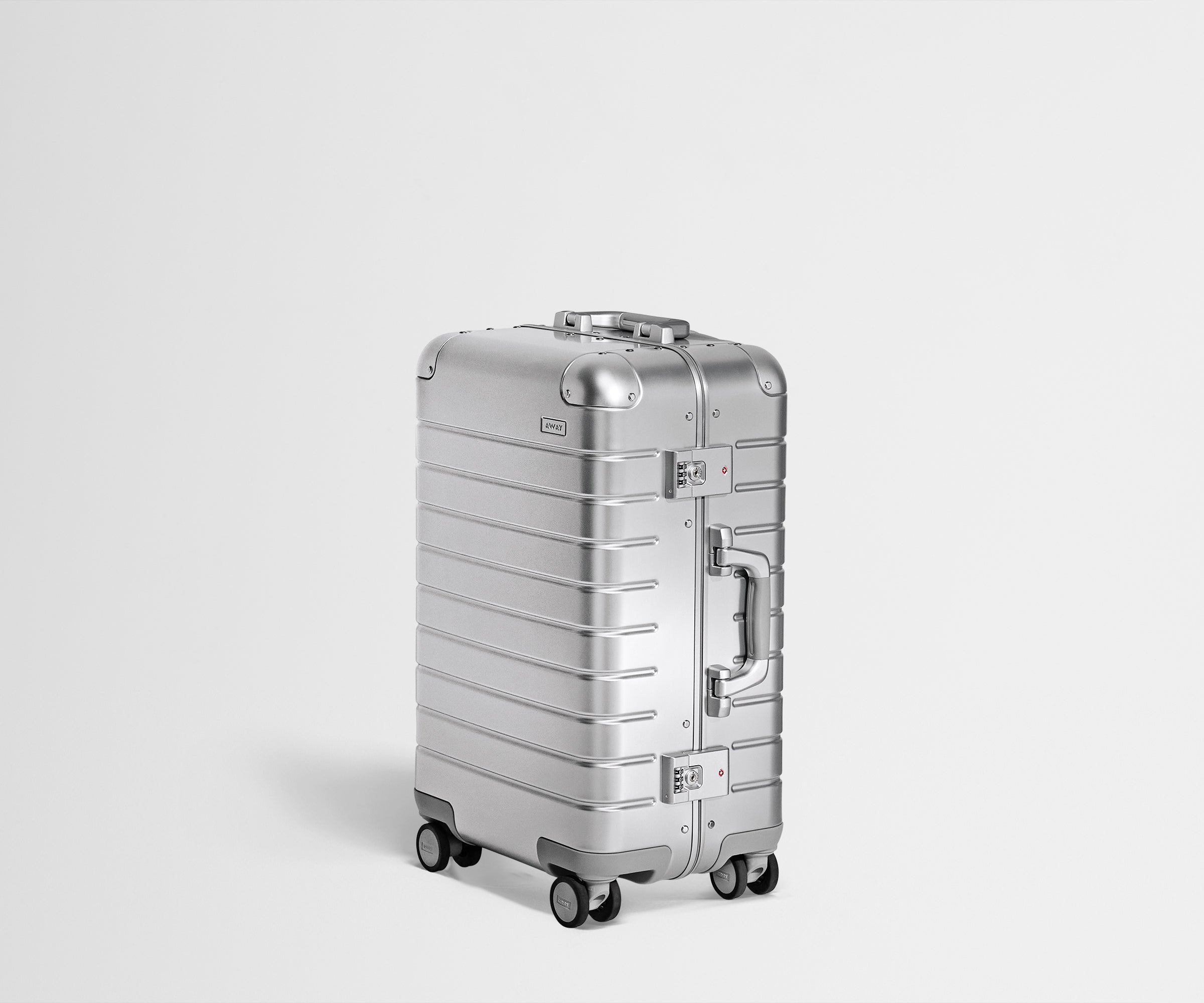 Angled product view of the Silver Bigger Carry-On: Aluminum Edition