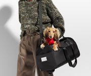 Person carrying The Pet Carrier on their shoulder with a small dog inside